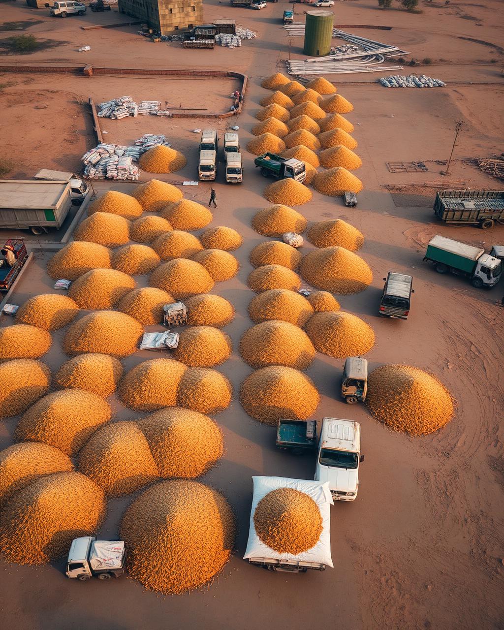 Aerial view of grain heaps and trucks at our procurement yard